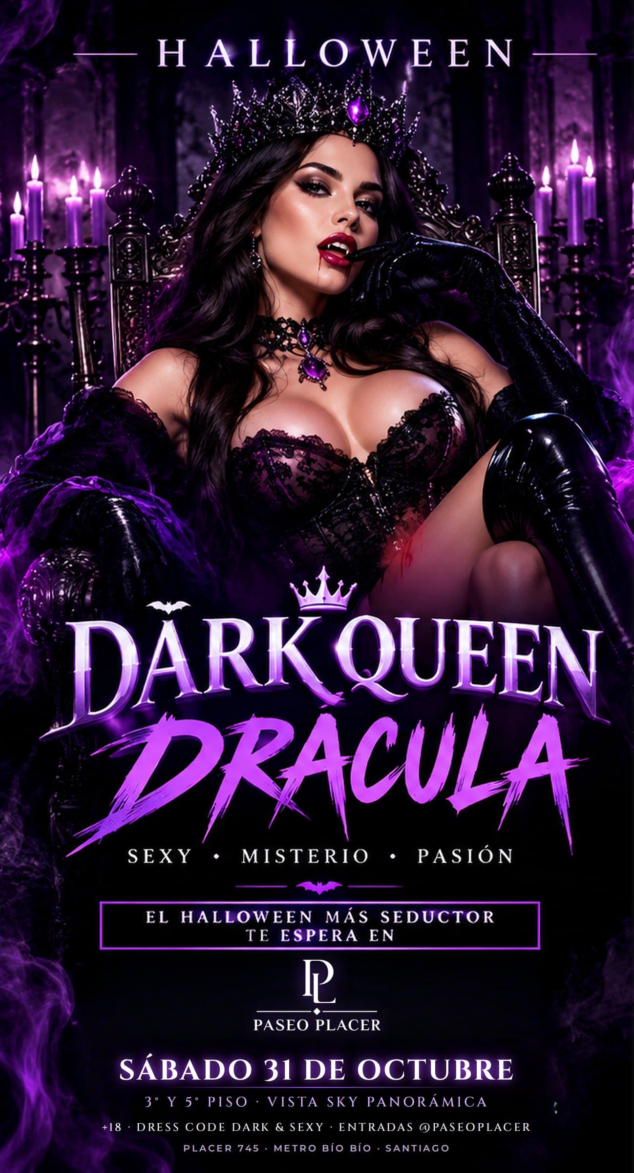 Afiche Halloween Dark Queen Drácula en Paseo Placer, sábado 31 de octubre